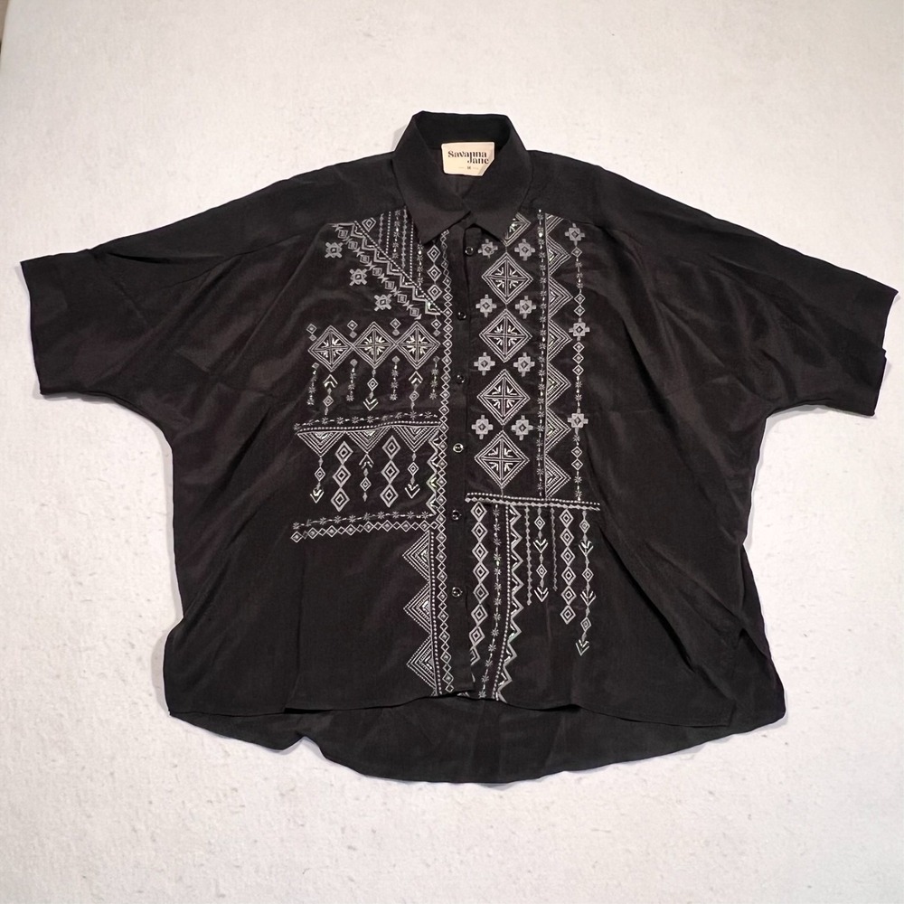 Savannah Jane Blouse Button Up Western Beaded Embroidered Black‎ Woman's Medium